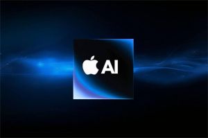 logo Apple dengan ilustrasi chip AI dan jaringan data digital