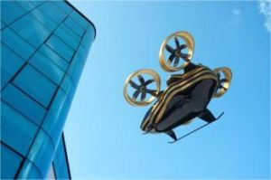 mobil terbang futuristik mengudara di atas gedung kota modern saat uji coba