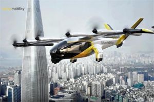 ilustrasi mobil terbang eVTOL mengudara di kota Seoul