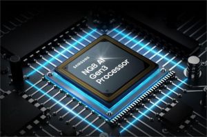 ilustrasi chip AI Samsung generasi terbaru dengan latar smartphone flagship