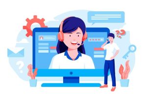 ilustrasi layanan publik digital dengan komputer dan smartphone