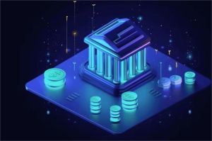 ilustrasi jaringan blockchain dengan simbol perbankan digital