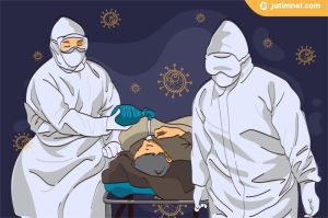 ilustrasi petugas medis dengan masker mengamati grafik lonjakan kasus covid