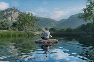 orang duduk meditasi di taman dengan latar belakang alam yang tenang