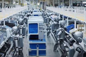 robot industri dengan desain modern beroperasi di pabrik pintar