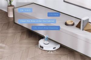 robot pembersih lantai dengan tampilan aplikasi kendali suara dan peta 3D