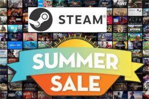 ilustrasi promo Steam Summer Sale 2025 dengan ikon diskon dan tumpukan game digital