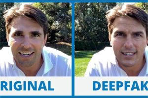 ilustrasi dua layar video identik tapi salah satunya deepfake, membingungkan pengguna