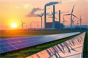 tumpukan panel surya dengan latar belakang pipa minyak dan ladang angin